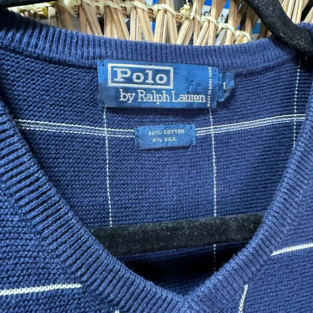 Polo Ralph Lauren Mens Navy Blue Silk Cotton‎ Windowpane V-Neck Sweater Vest XL